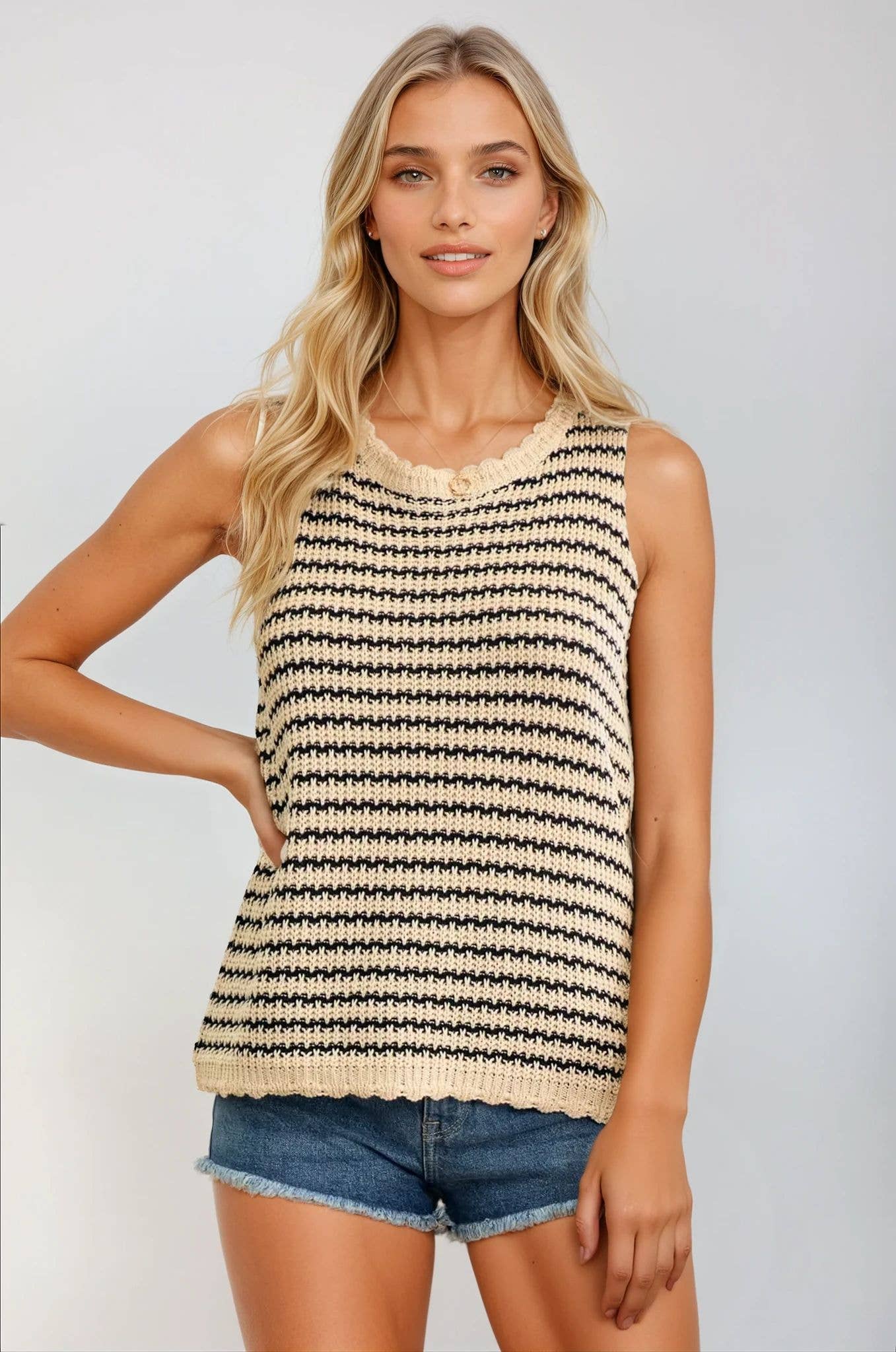 Striped Crochet Tank With Scalloped Edge