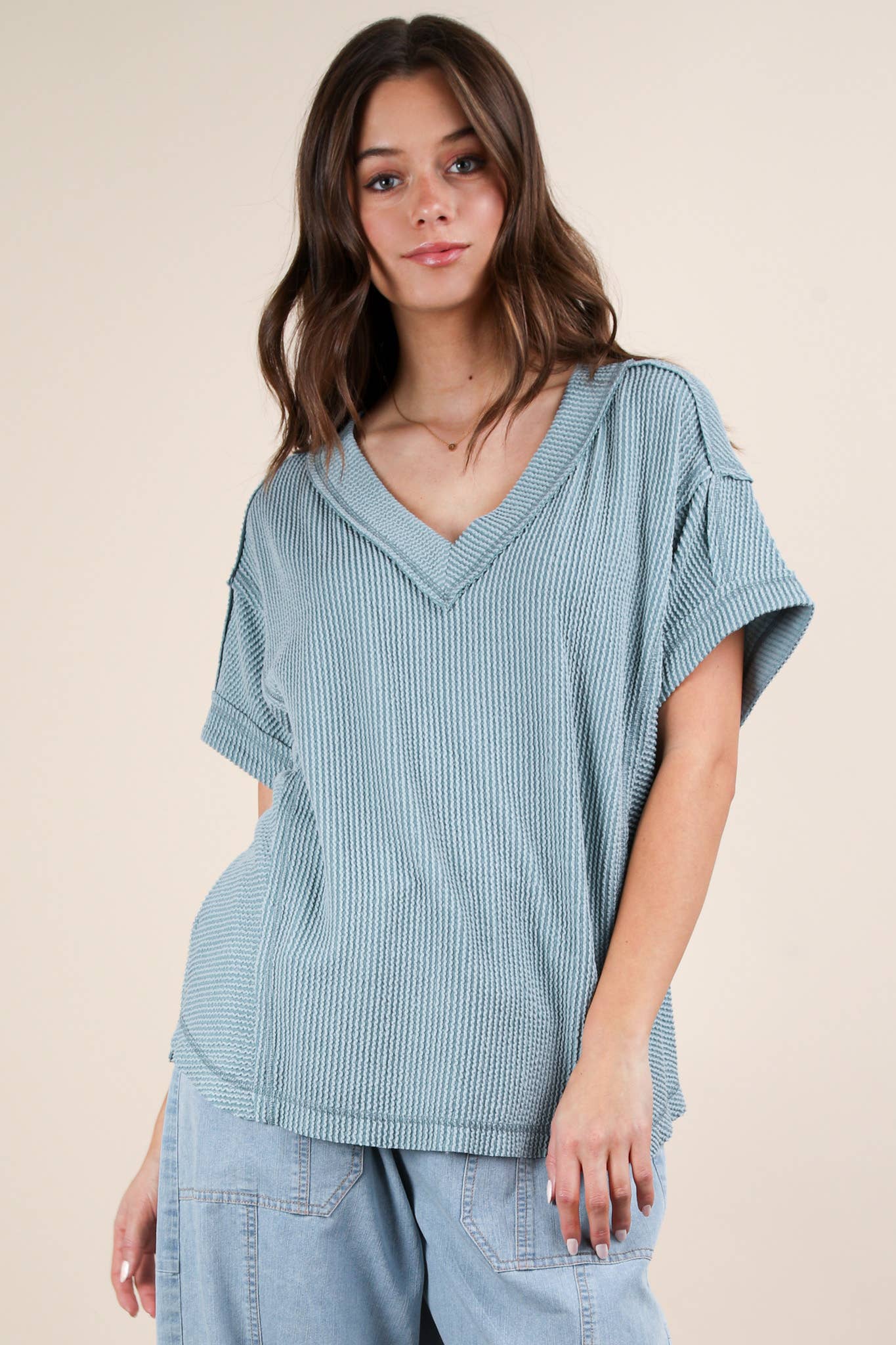 Soft Two Tone Casual Comfy Ribbed Knit Top