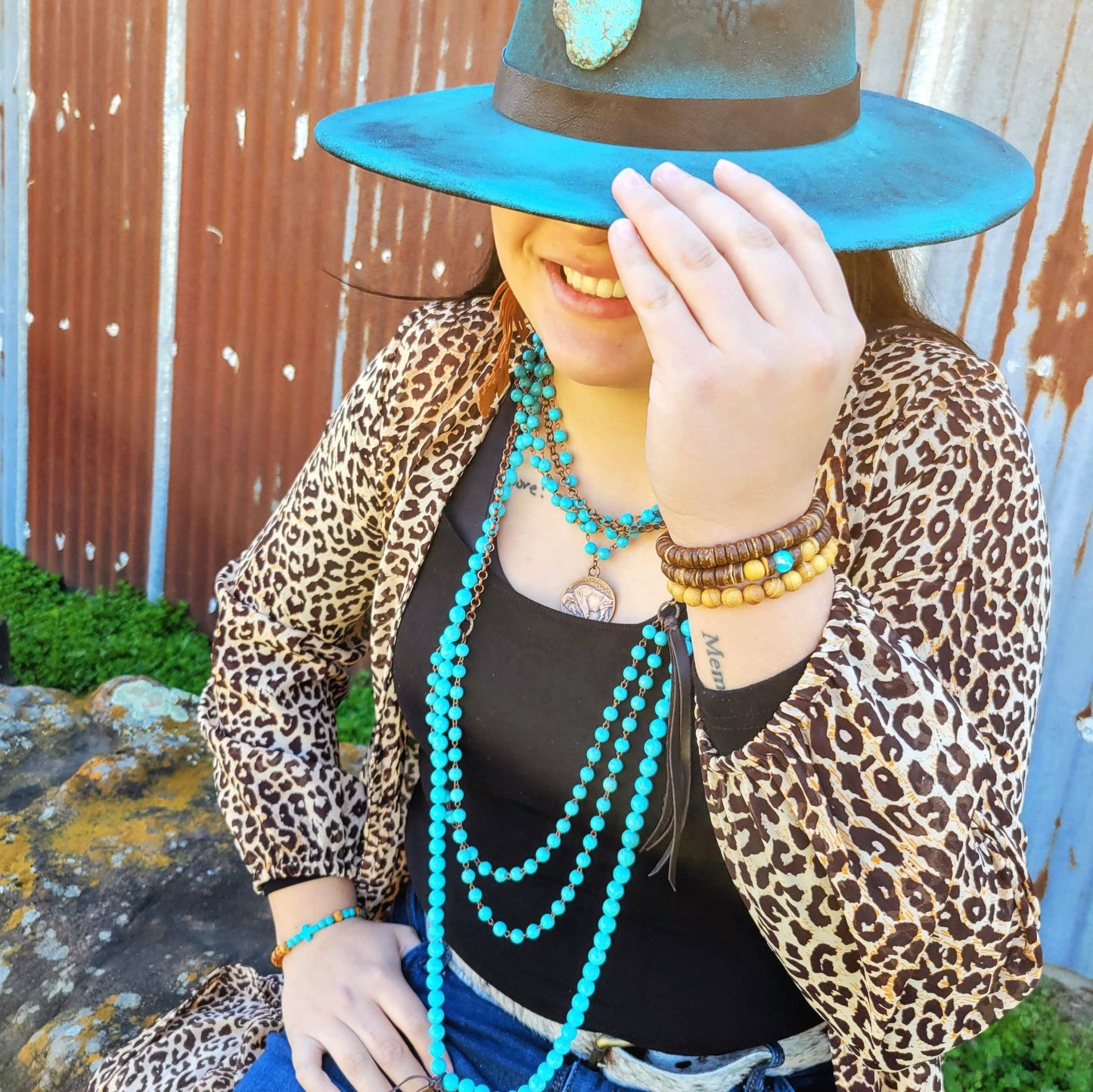 Double Strand Blue Turquoise Beaded Necklace, Leather Tassel