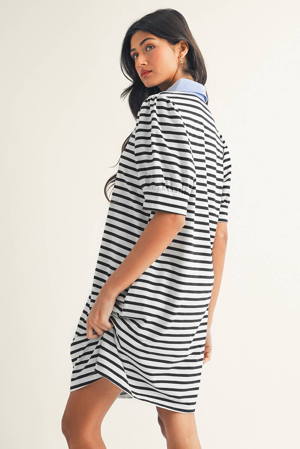 Stripe Contrast V Neck Collared T Shirt Mini Dress