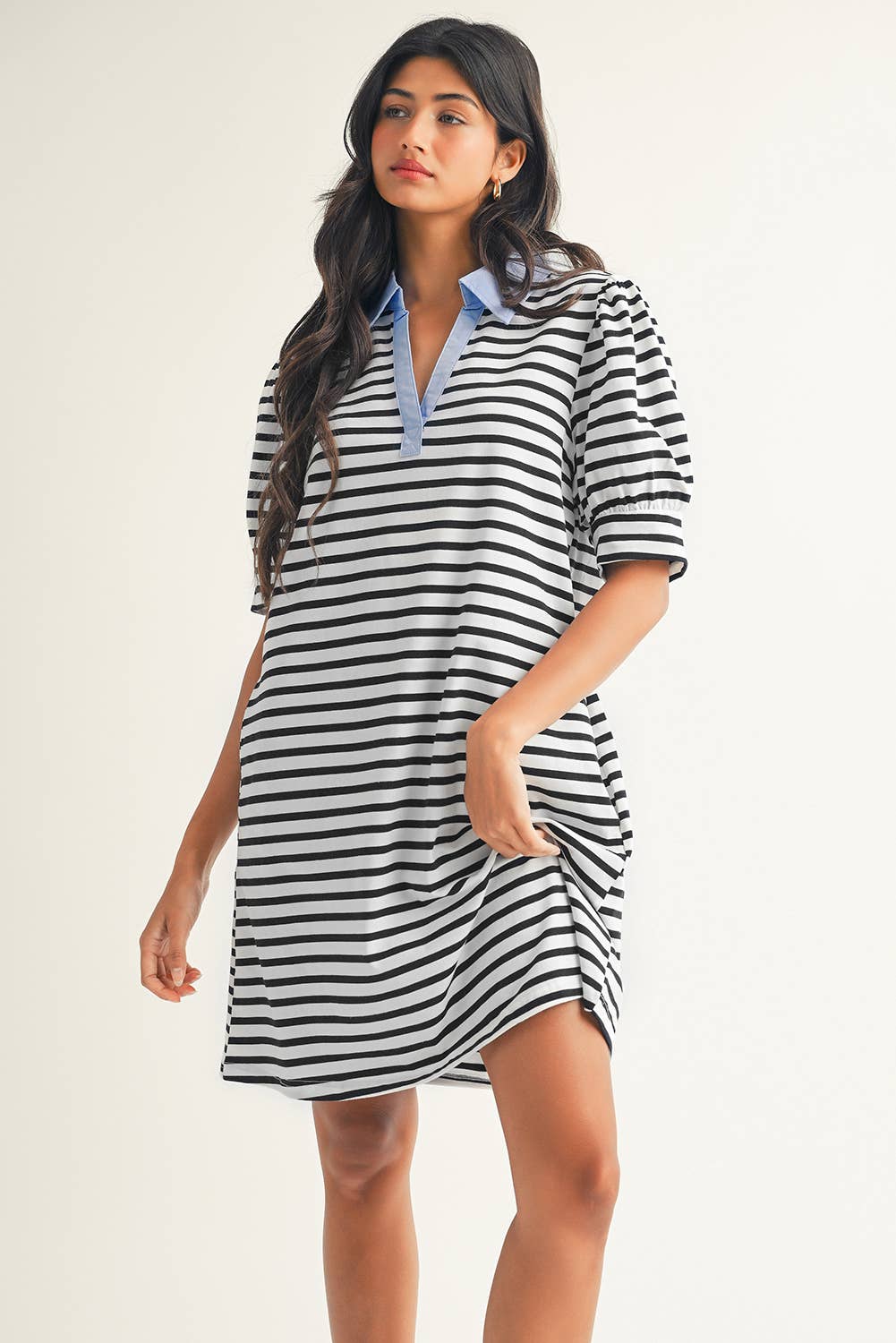 Stripe Contrast V Neck Collared T Shirt Mini Dress