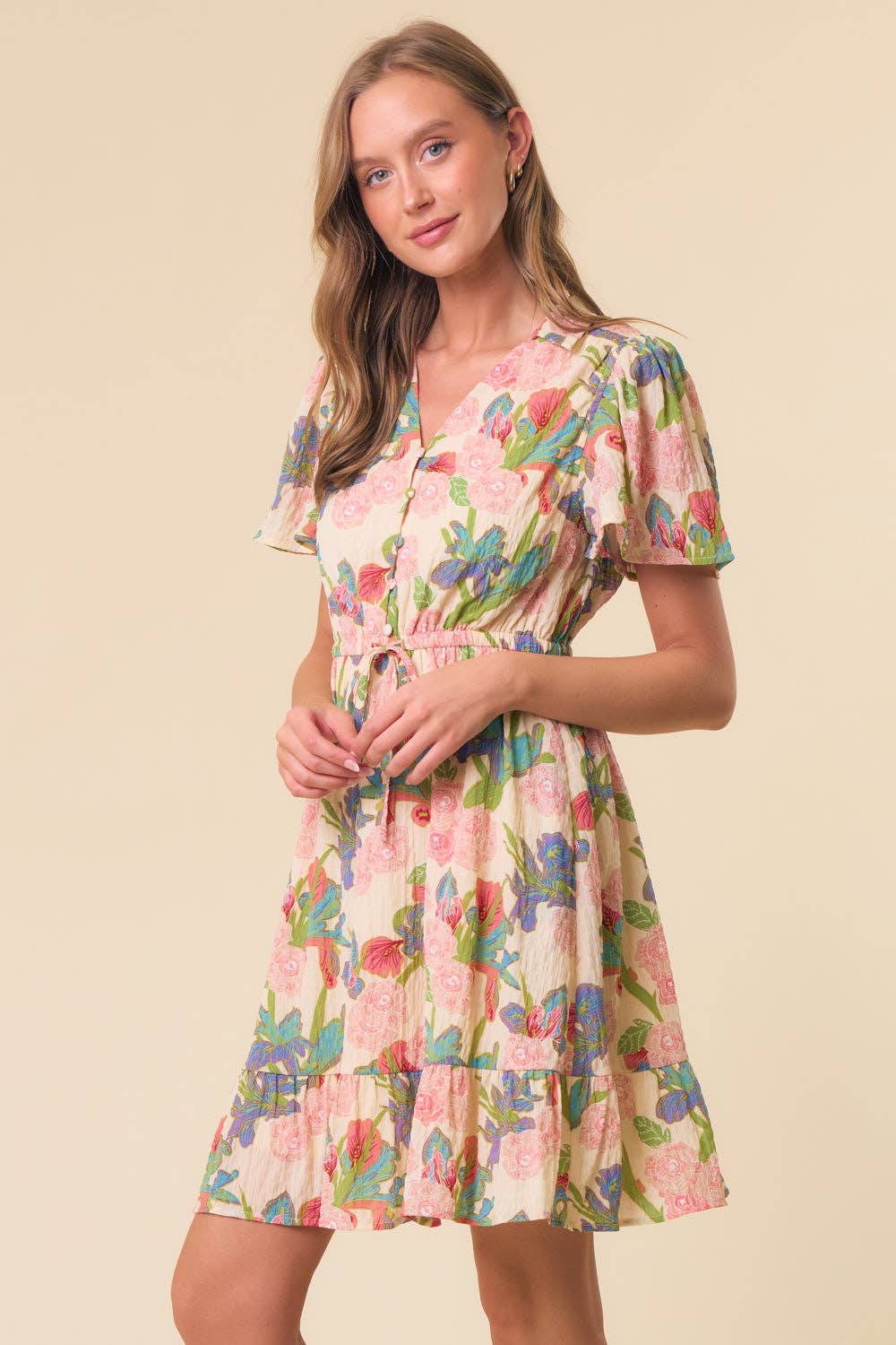 V-NECK FLUTTER SHORT SLEEVE MINI DRESS