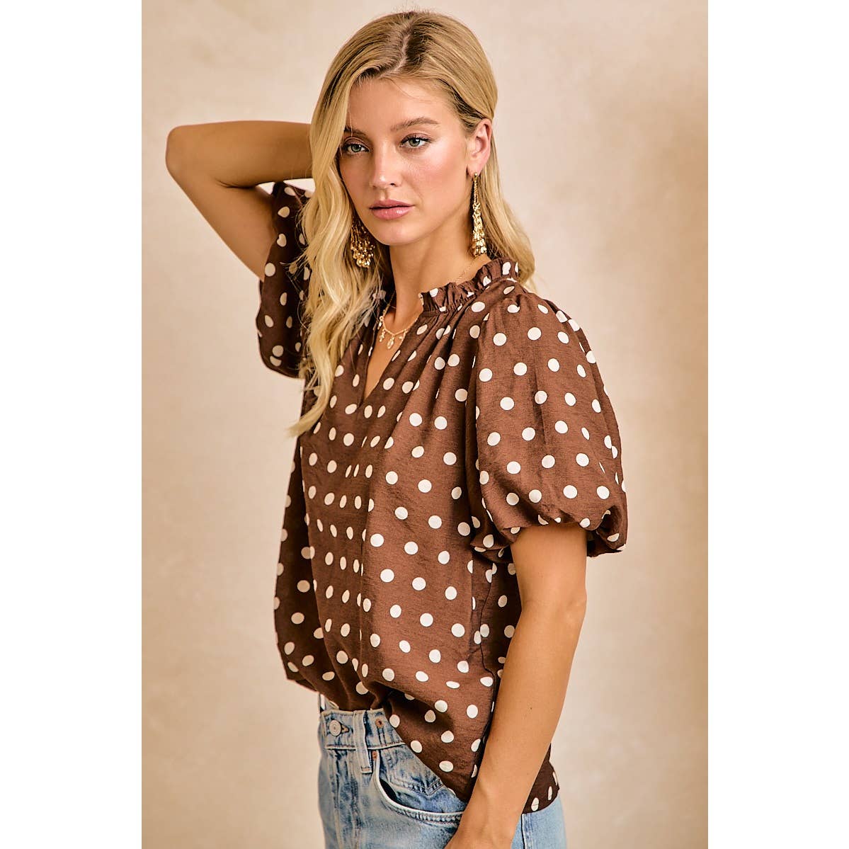 POLKA DOT PRINTED WOVEN RUFFLED V NECK