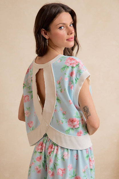 FLORAL PRINTED TERRY OPEN BACK SLEEVELESS TOP