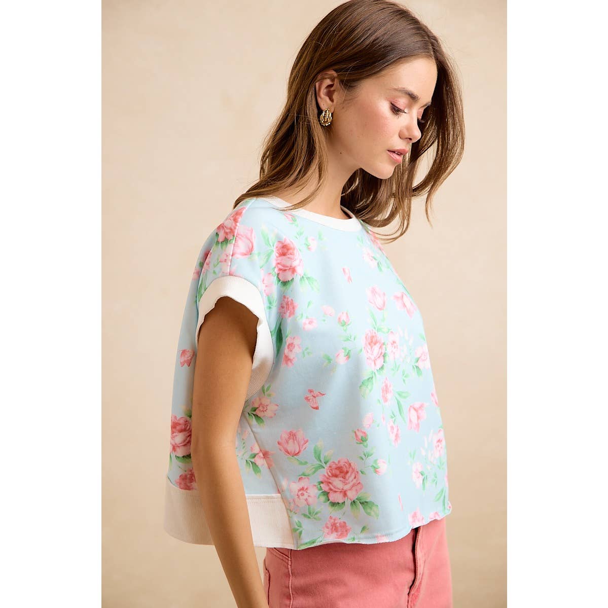 FLORAL PRINTED TERRY OPEN BACK SLEEVELESS TOP