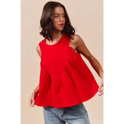 GAME DAY COLOR DENIM RUCHED SLEEVELESS TOP