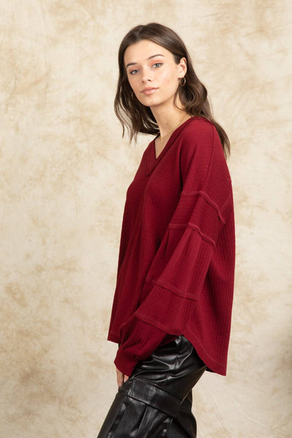 NT11157X-PLUS SIZE Oversized V-neck Puff Sleeve Top