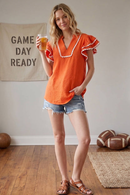 Game day Ruffle Sleeve Scallop Trim Top