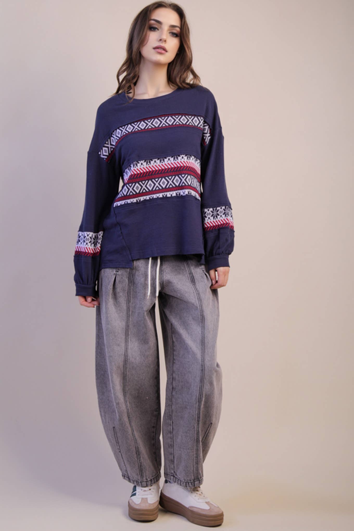 NT11784-Oversized Printed Knit Contrast Knit Top