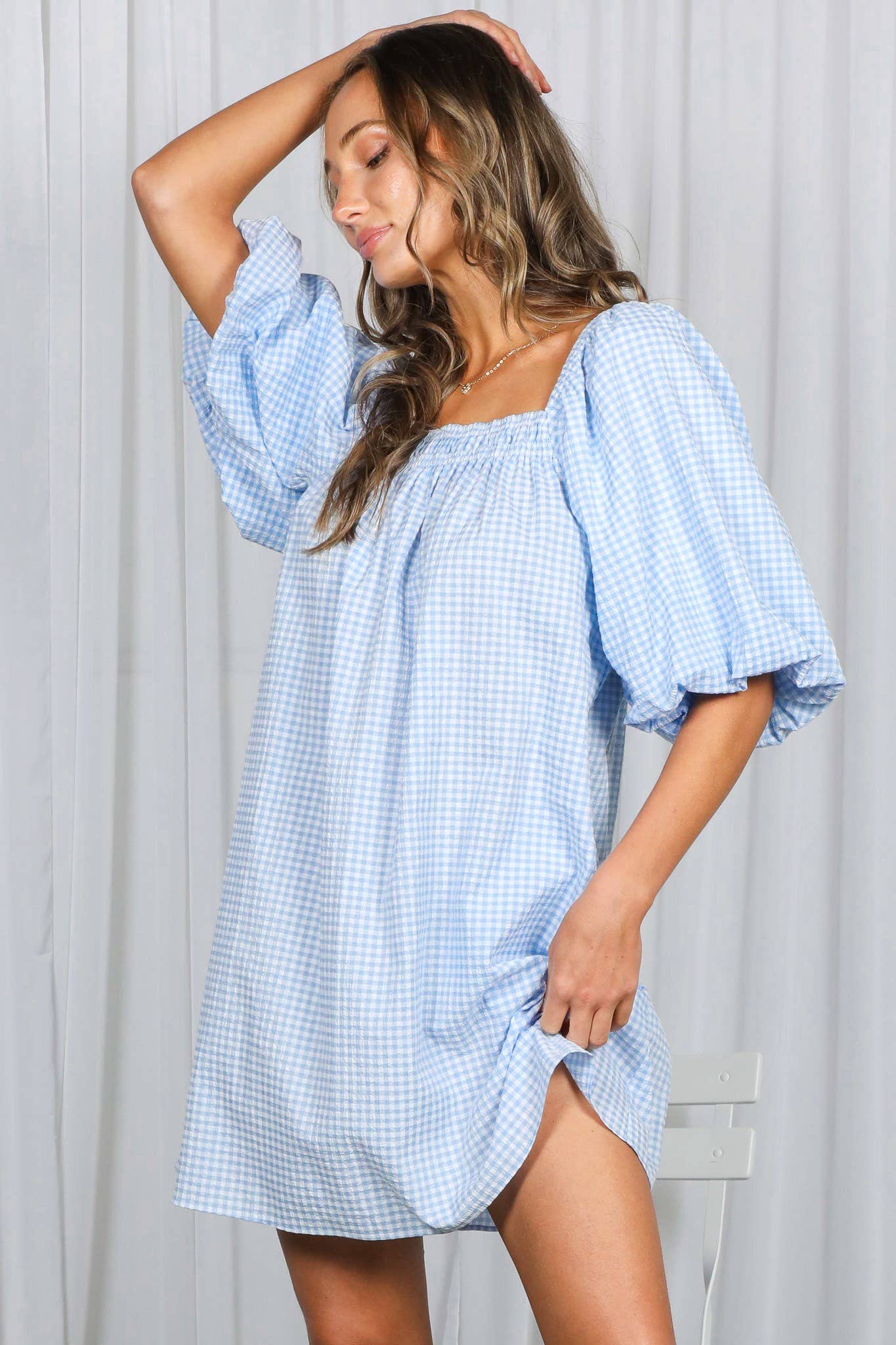 Casual Gingham Square Neck Mini Dress