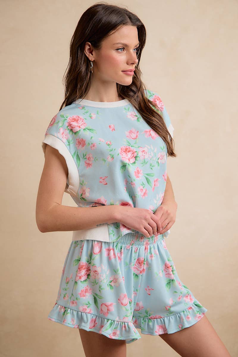 FLORAL PRINTED TERRY OPEN BACK SLEEVELESS TOP