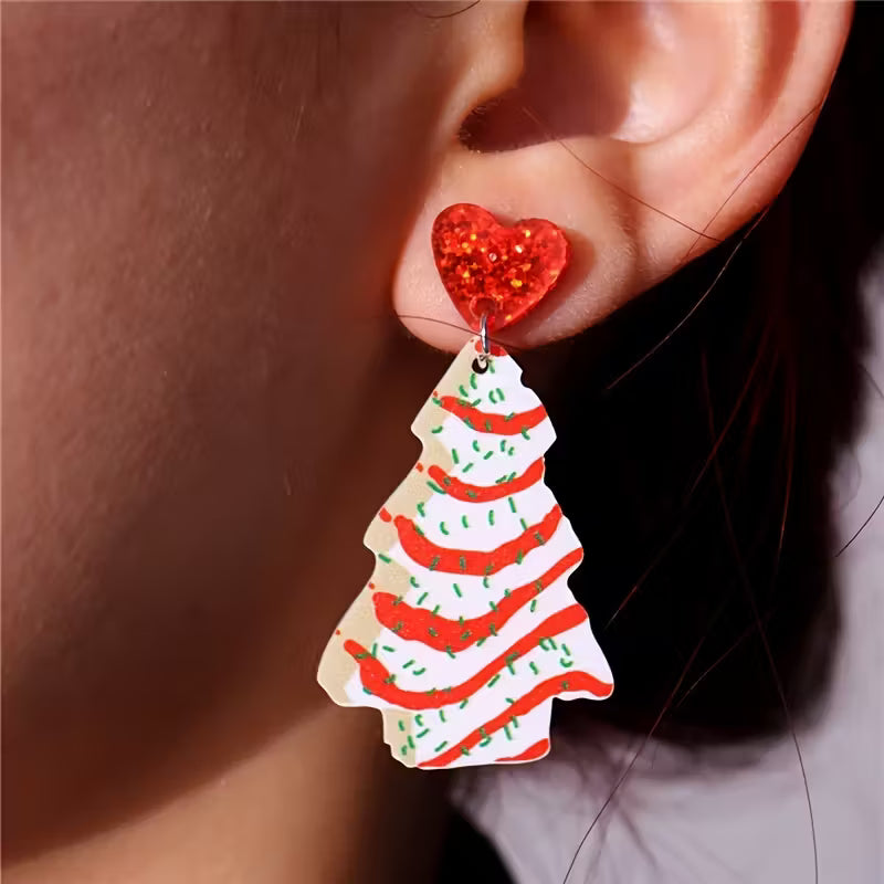 Festive Acrylic Christmas Tree Earrings with Red Glitter Hearts