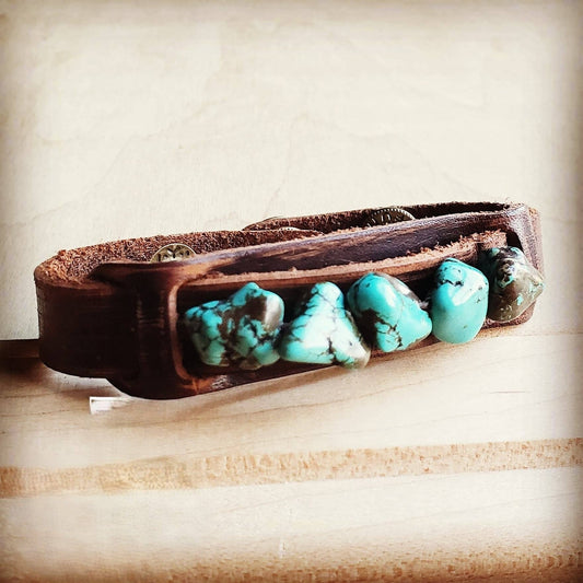 Genuine Leather Narrow Cuff with Blue Turquoise Chunks