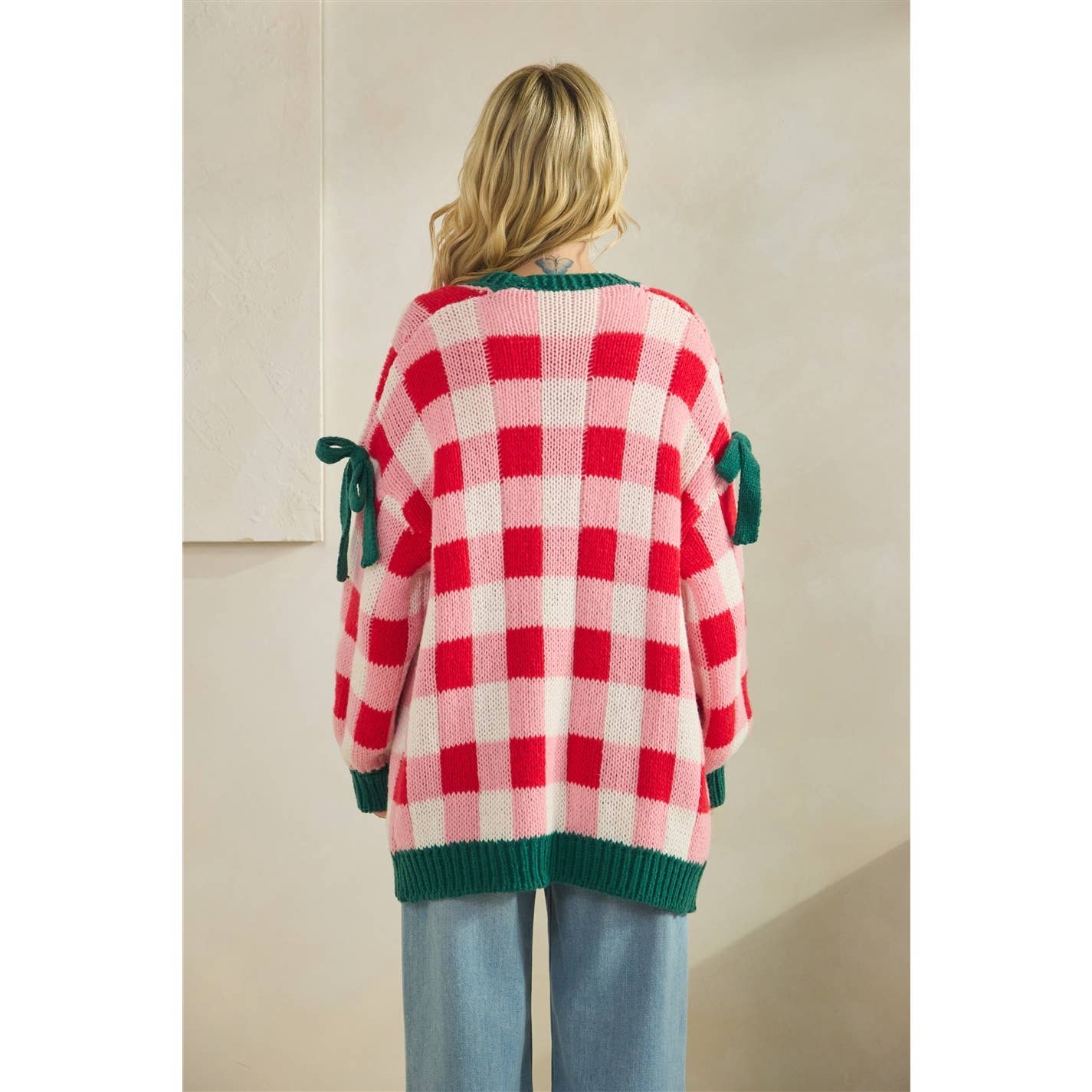 Checkered Cardigan with Ribbon Details