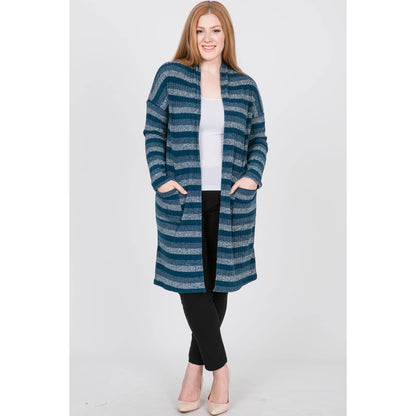 PLUS STRIPE KNIT LONG SLEEVE CARDIGAN