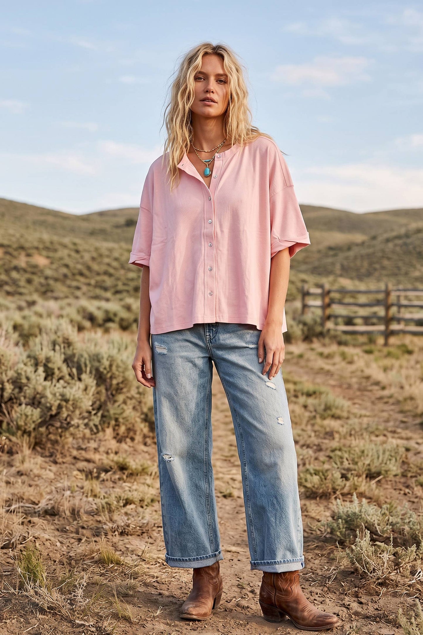 Oversized Button Front Stretch Lightweight Knit Top