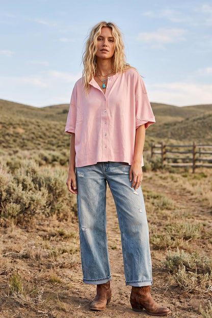 Oversized Button Front Stretch Lightweight Knit Top