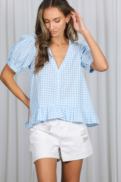 Gingham Short Puff Sleeves V-Neck Blouse Top