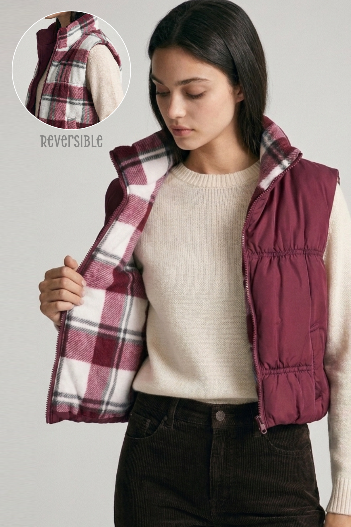 Full-Zip Reversible Puffer Vest w/ Pockets
