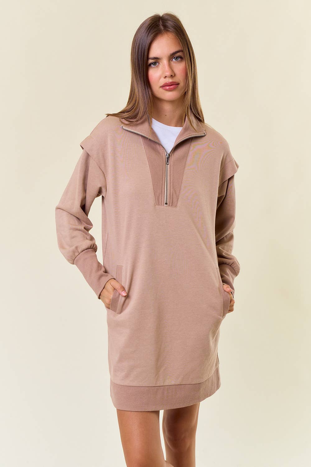 French Half Zip-Up Sweatshirt Dress W/ Pockets
