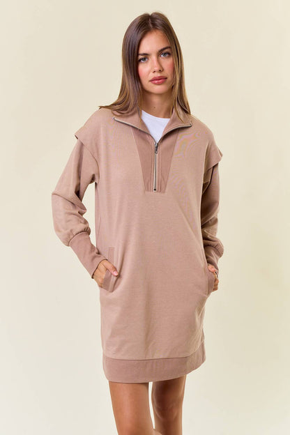 French Half Zip-Up Sweatshirt Dress W/ Pockets