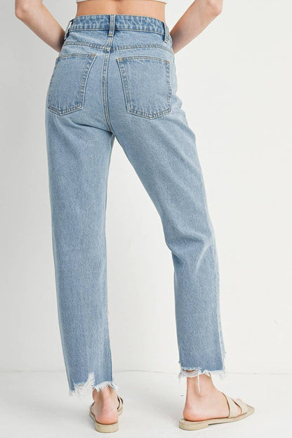 HIGH RISE STRAIGHT LEG DISTRESSED RAW HEM JEANS