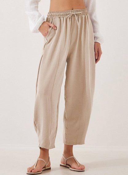 Women's Elastic Waist Drawstring Casual Cropped Harem Pants