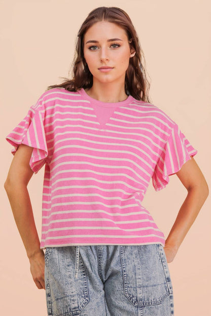 NT12476-Oversized Ruffle Sleeve Casual Stripe Knit Top