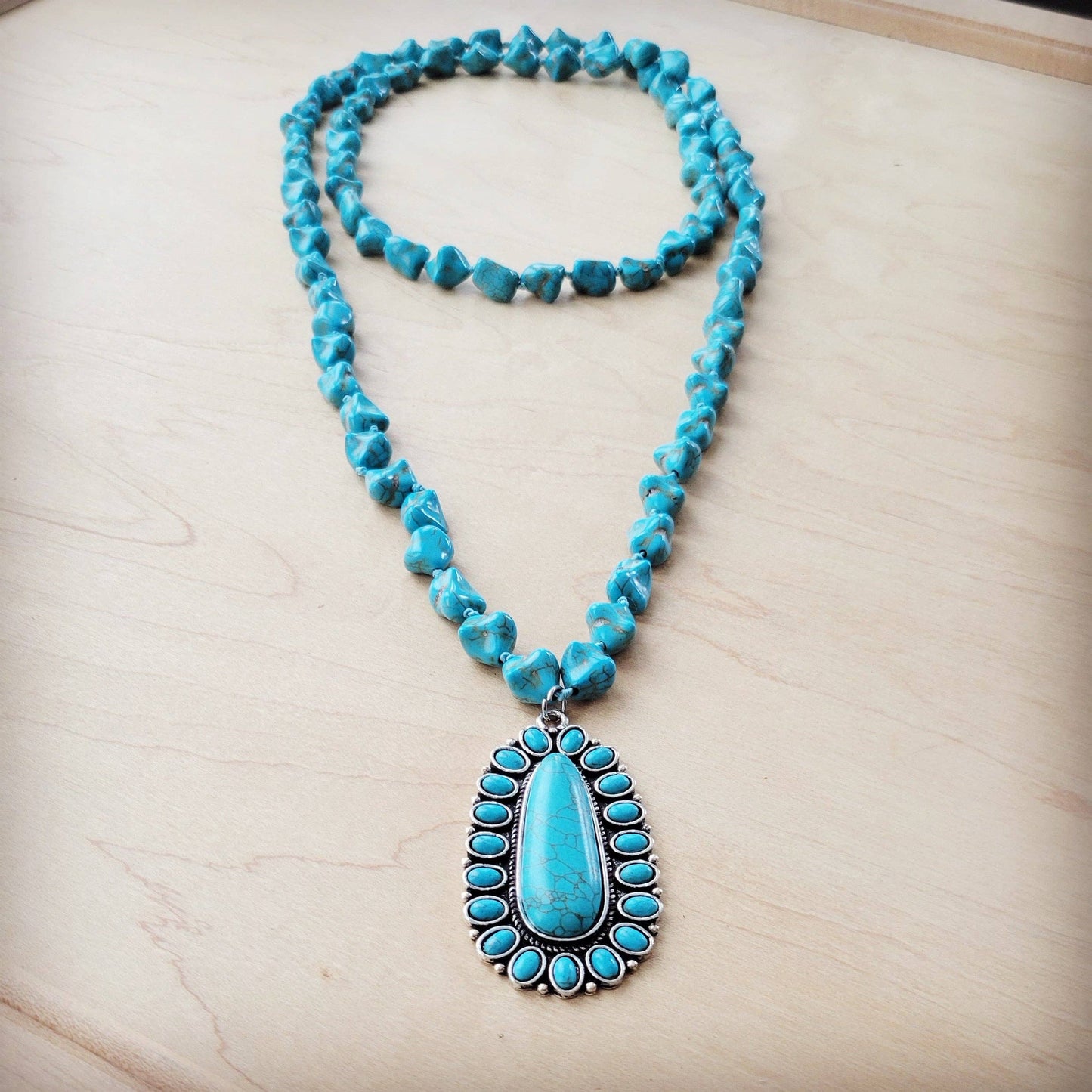 Long Western Turq Beaded Necklace w/Squash Blossom Pendant