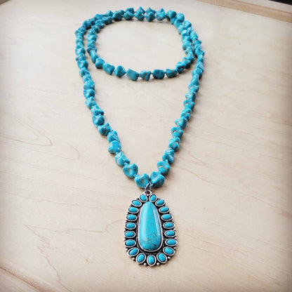 Long Western Turq Beaded Necklace w/Squash Blossom Pendant