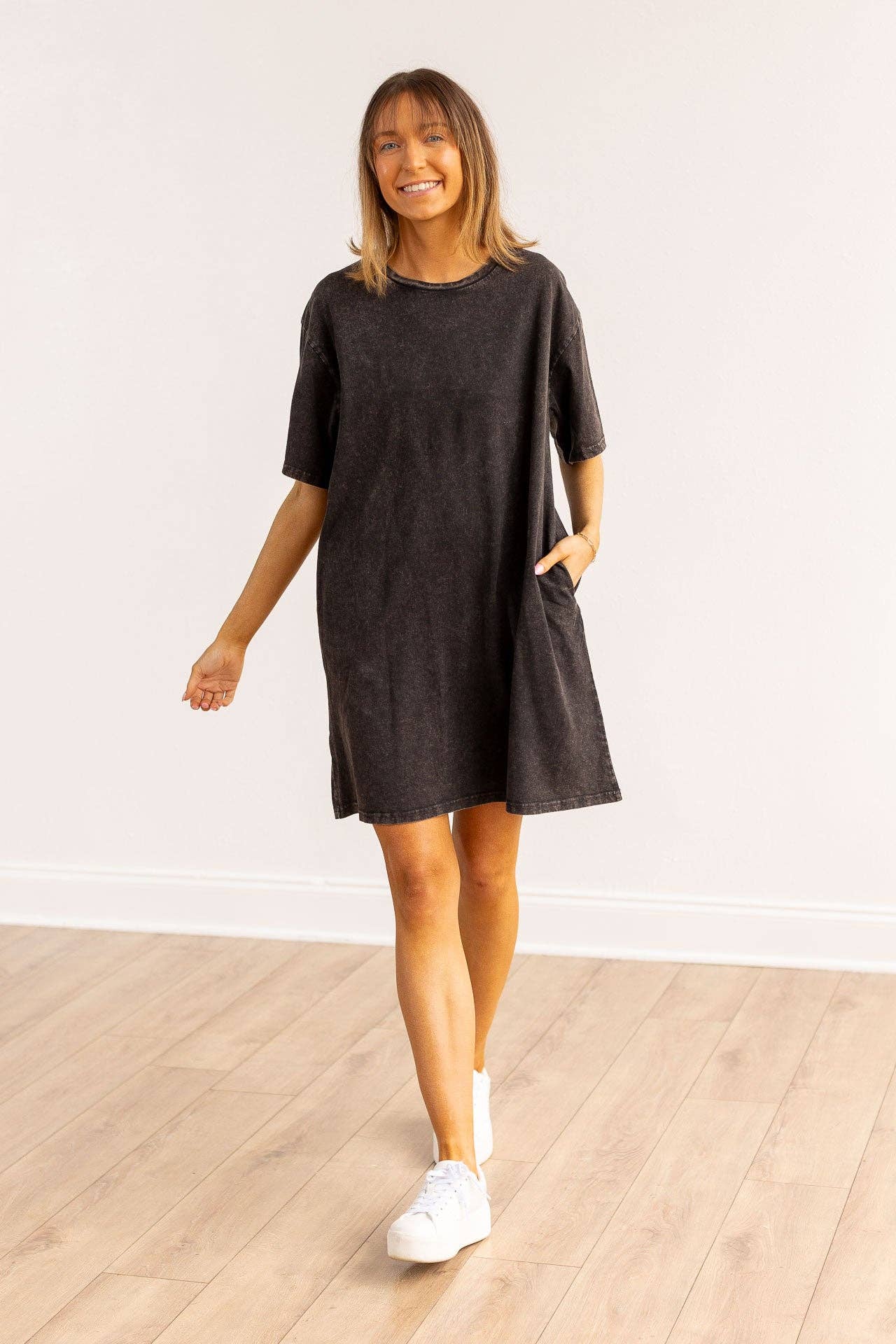 Plus Size Black Wash Tee Shirt Dress With Pockets