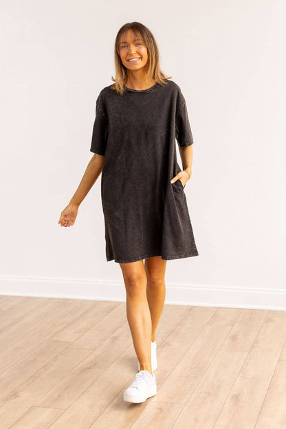 Plus Size Black Wash Tee Shirt Dress With Pockets