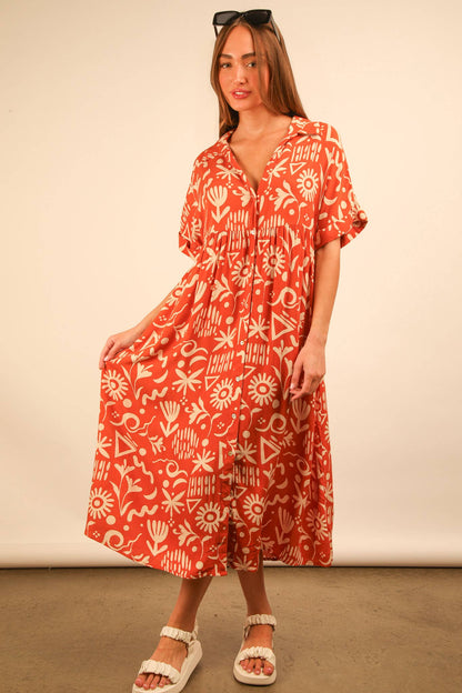 PLUS SIZE Oversized Printed Shirt Midi Dress