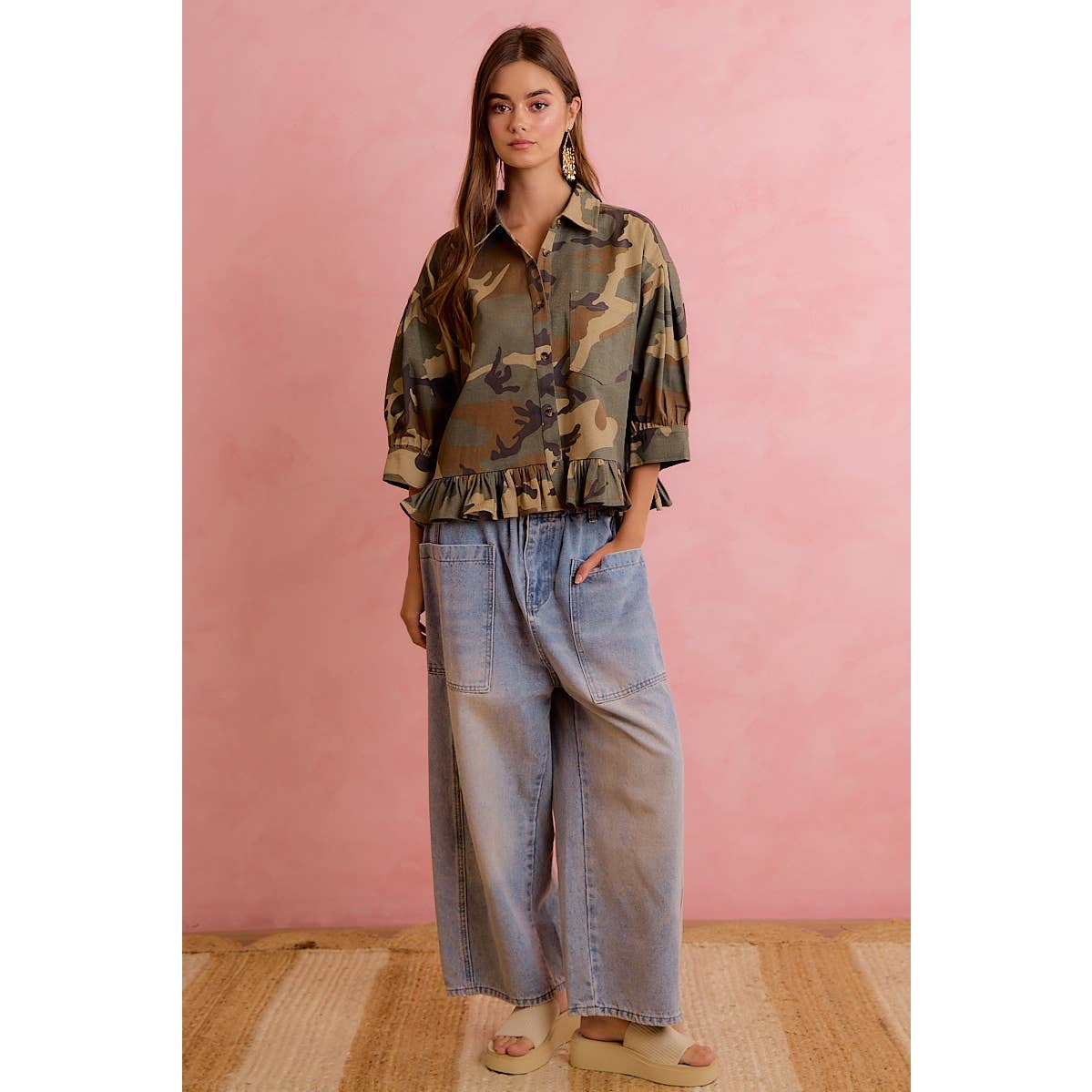 CAMO PRINTED RUFFLED HEM BUTTON DOWN BLOUSE