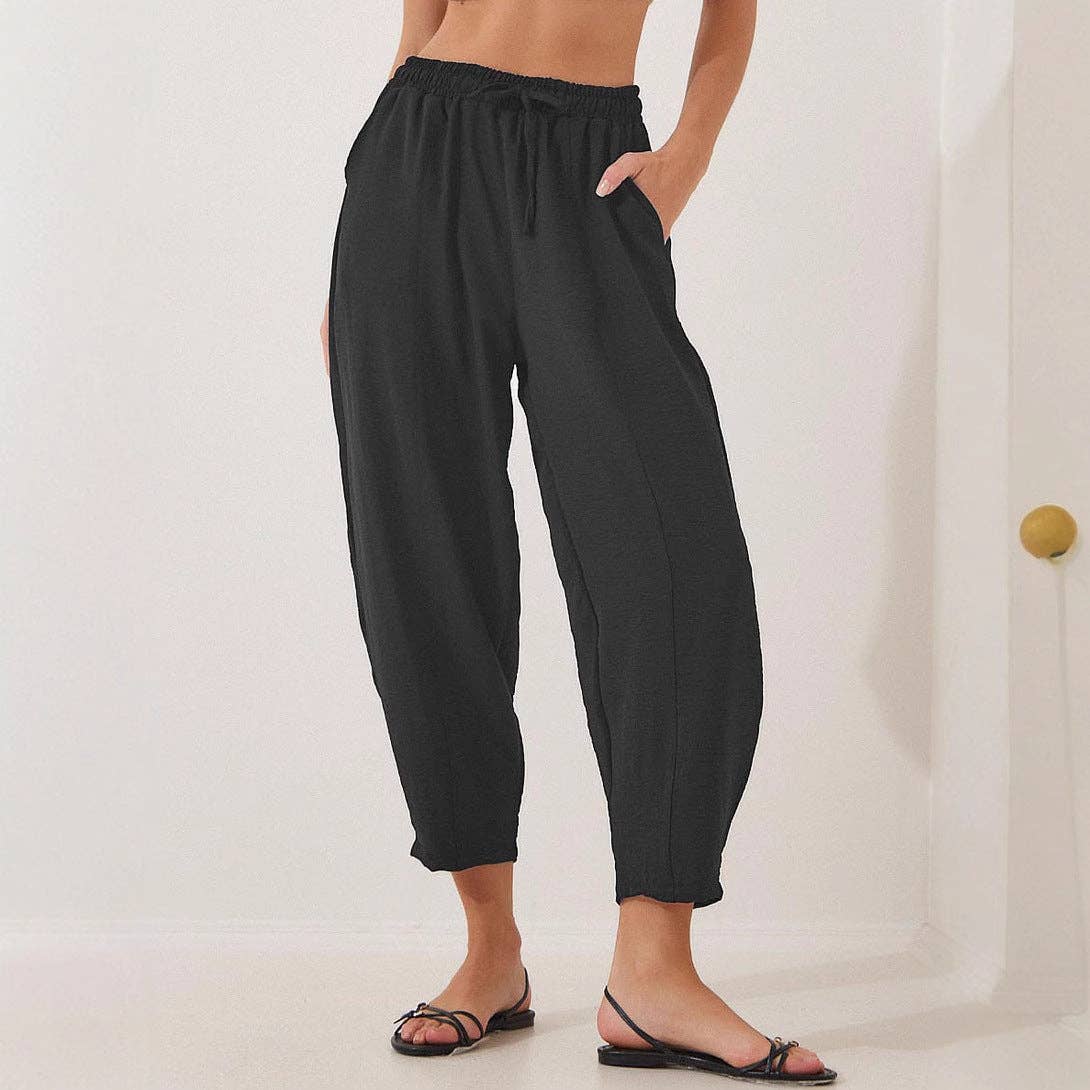 Women's Elastic Waist Drawstring Casual Cropped Harem Pants