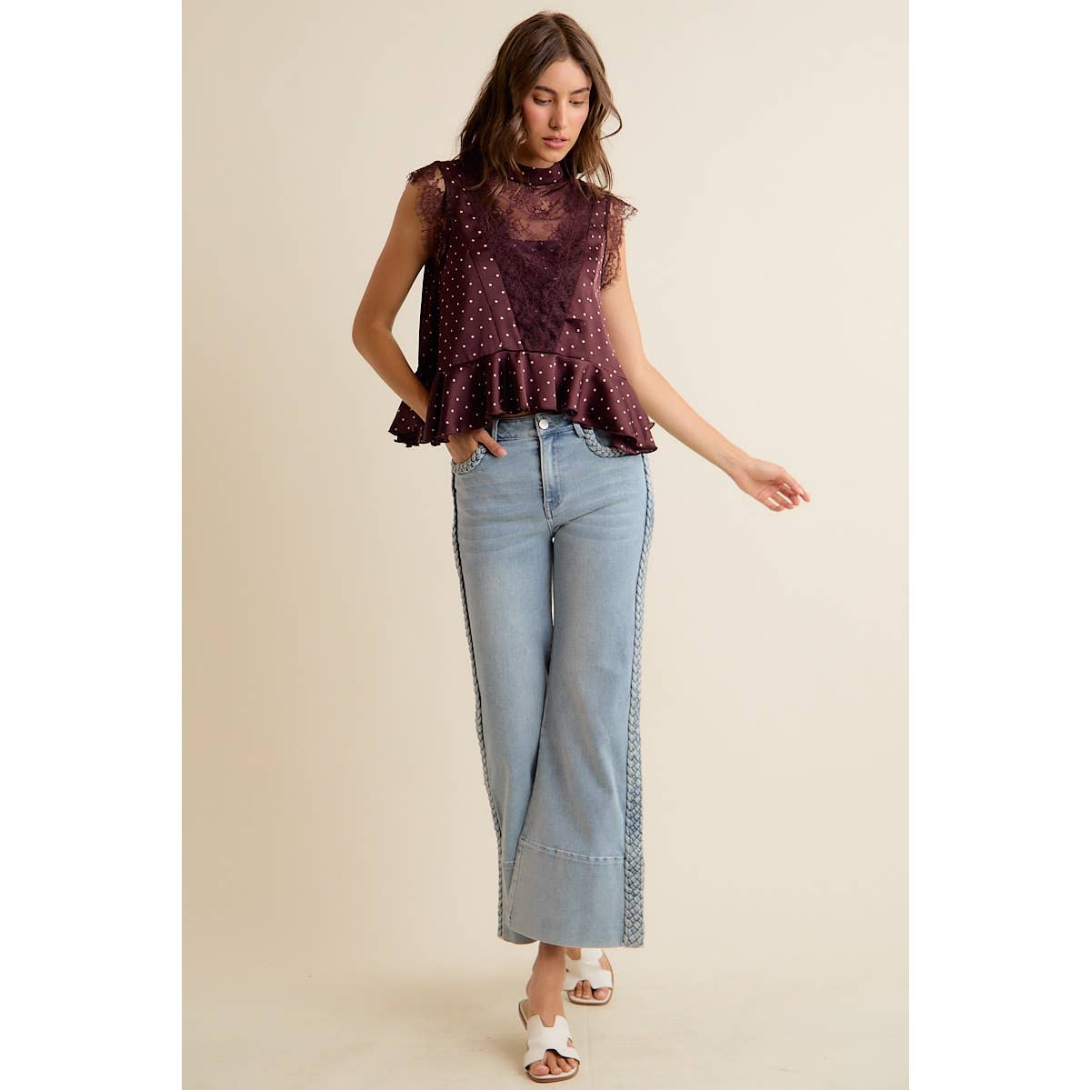 POLKA DOT SATIN LACE TRIM RUFFLED HIGH NECK BLOUSE TOP