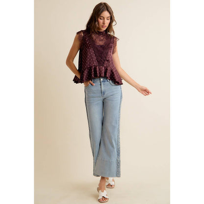 POLKA DOT SATIN LACE TRIM RUFFLED HIGH NECK BLOUSE TOP