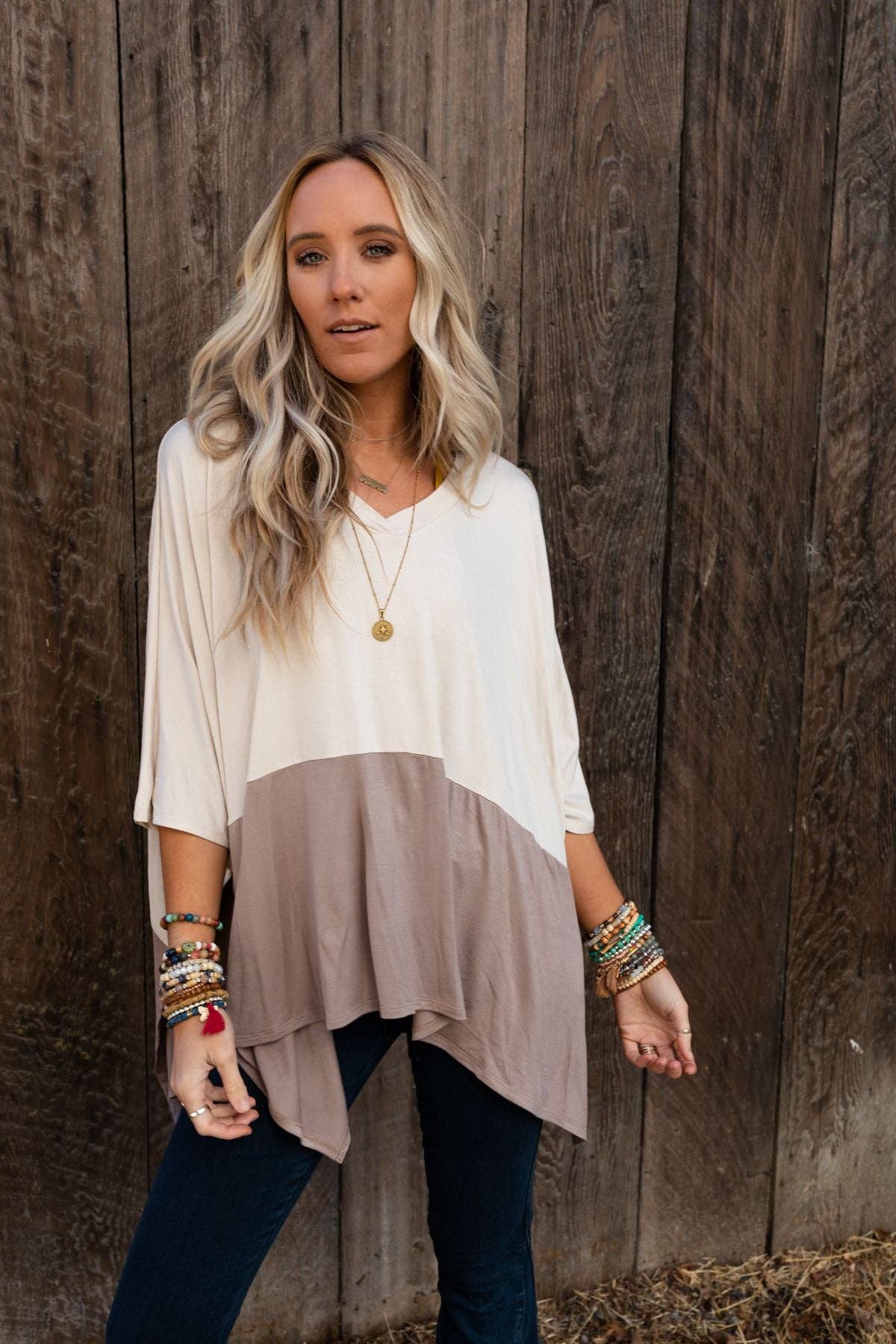 Oversized Coffee Sunsets V Neck Top - Brown