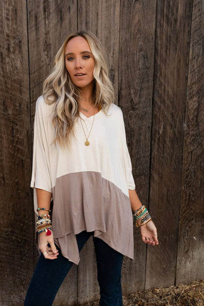 Oversized Coffee Sunsets V Neck Top - Brown