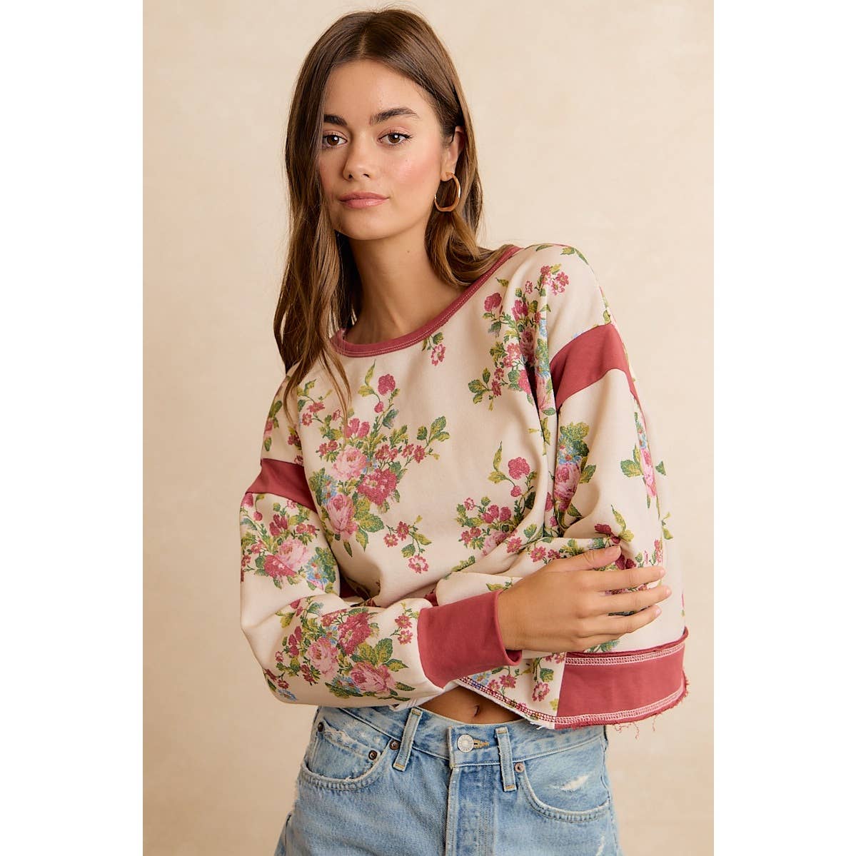 FLORAL BRUSHED OPEN BACK LONG SLEEVES TOP