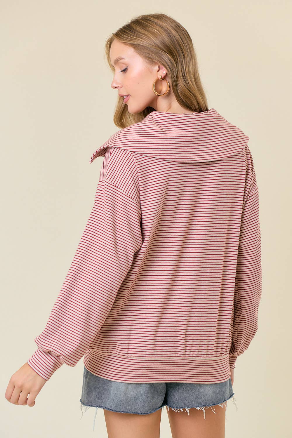 Sequin MERRY Patched Half Zip-Up Stripe Sweatshirt