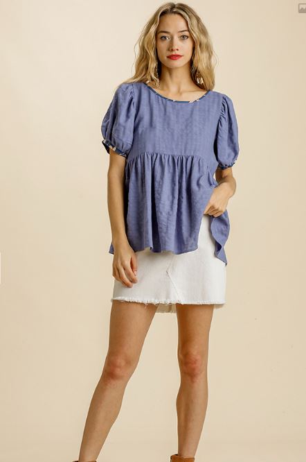 Babydoll Linen Blend Puff Sleeve Trimmed Print