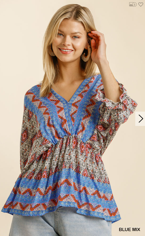 Printed V-neck Ruffle Cuffed Long Sleeve Blouse