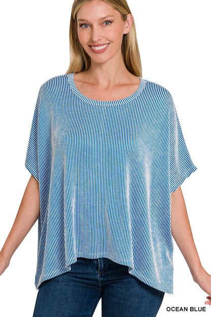 Ribbed Striped Oversized Short Sleeve Top