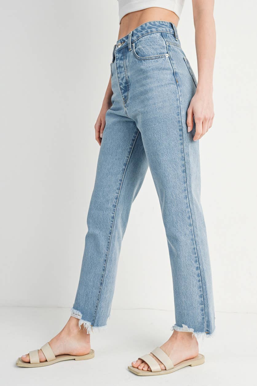 HIGH RISE STRAIGHT LEG DISTRESSED RAW HEM JEANS