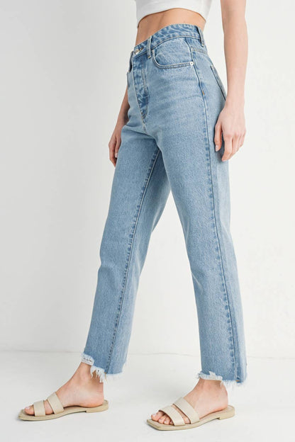 HIGH RISE STRAIGHT LEG DISTRESSED RAW HEM JEANS