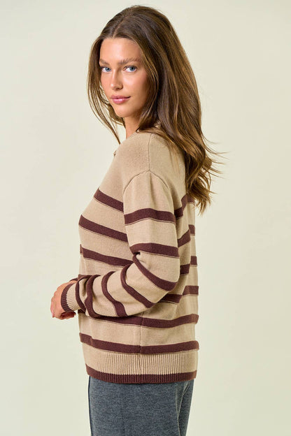 Split V-neck Polo Neckline Striped Sweater Top