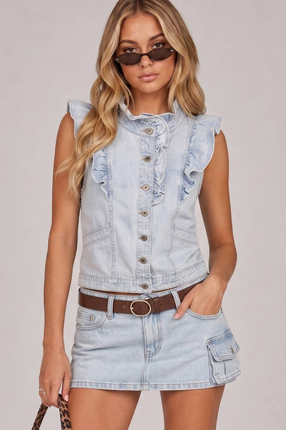 Ruffle Detail Washed Denim Vest