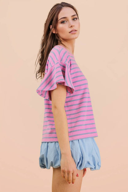 NT12476-Oversized Ruffle Sleeve Casual Stripe Knit Top