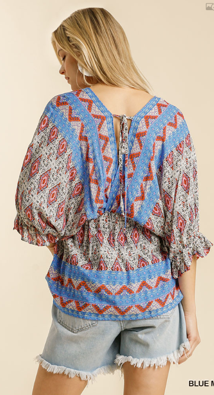 Printed V-neck Ruffle Cuffed Long Sleeve Blouse